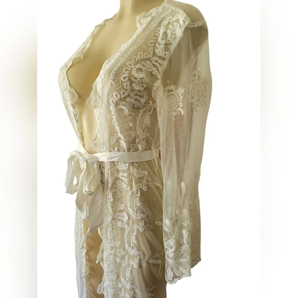 HOMEBODII White Sheer Lace Robe White XS BHLDN Wedding Honeymoon Bridal Lingerie - Picture 4 of 6